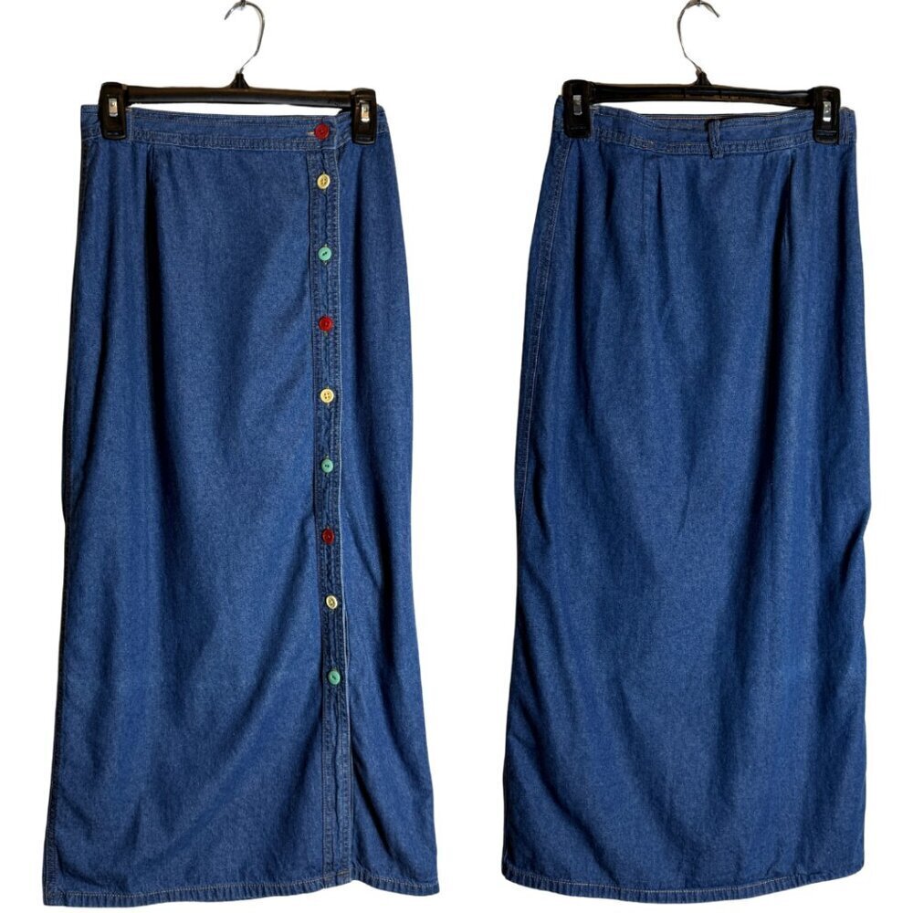 Vintage 100% Cotton Denim Button Up Maxi Skirt Women's 8 Colorful Twee Artsy 90s